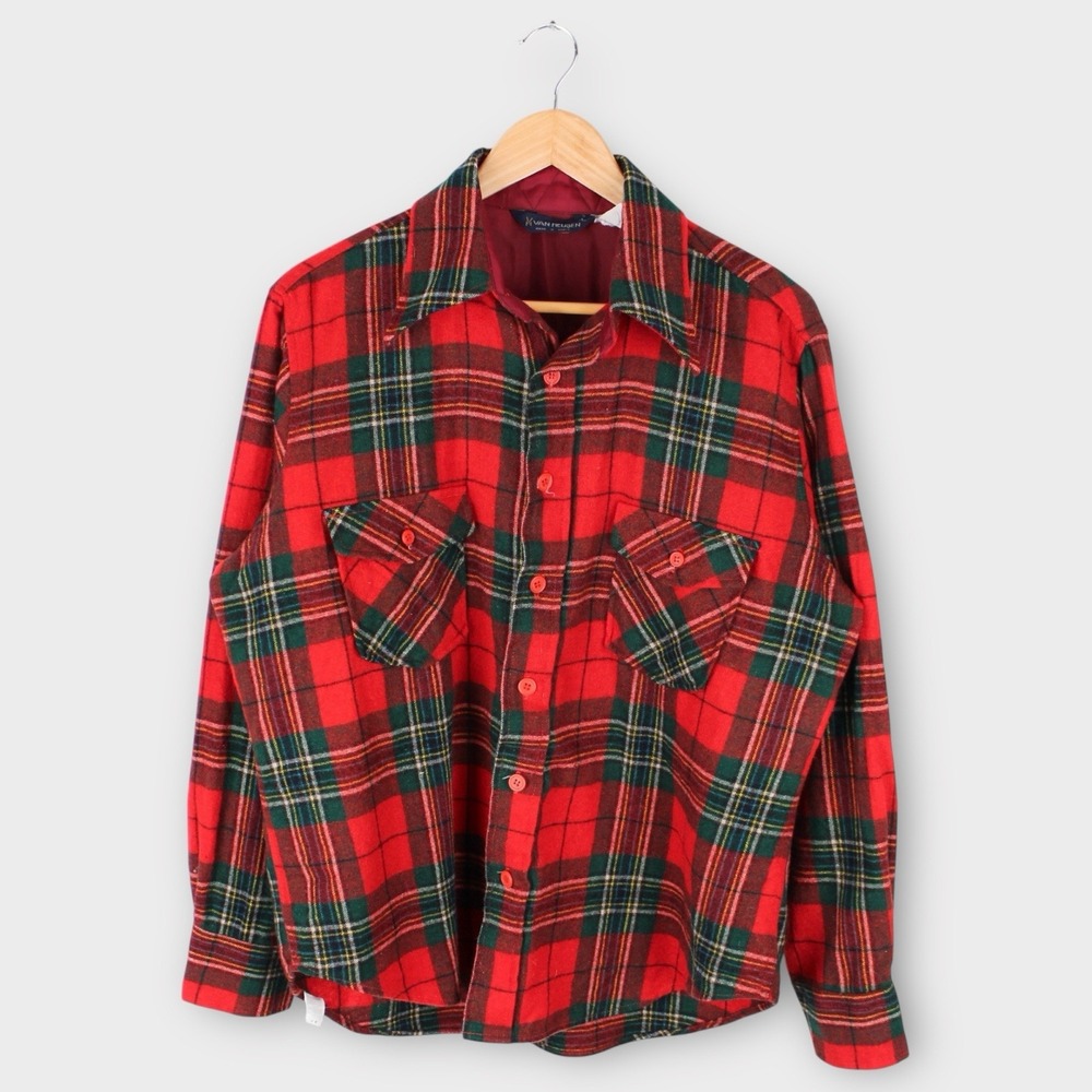 Van Heusen Vintage Red Plaid Wool Checked Flannel Shirt Mens Large‎